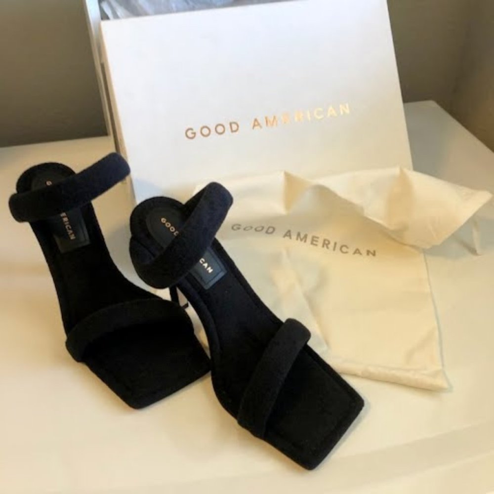 NWT GOOD AMERICAN Black & Gold Metallic Stiletto Heeled Sandal 8 MSRP $200 - Picture 7 of 8
